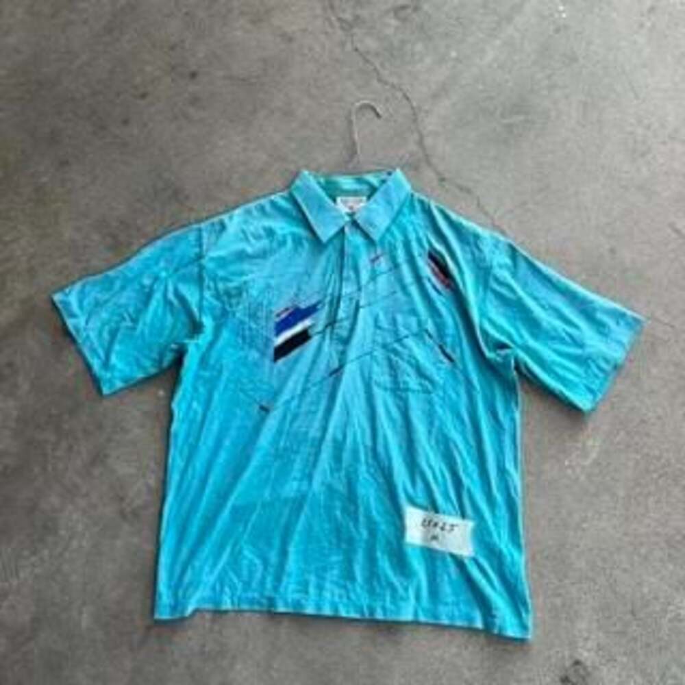Vintage 80s Teal Abstract Art Print Polo Shirt Men's M Button Up